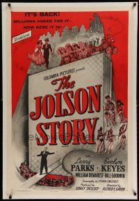 6z222 JOLSON STORY linen 1sh R54 Larry Parks & Evelyn Keyes in bio of the greatest entertainer!