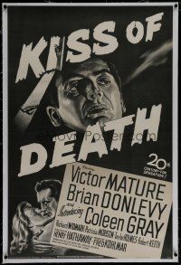 6z237 KISS OF DEATH linen 1sh '47 intentional black & white poster w/ no borders for noir classic!