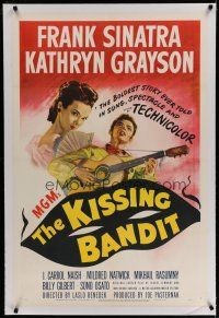 6z239 KISSING BANDIT linen 1sh '48 art of Frank Sinatra playing guitar & romancing Kathryn Grayson!