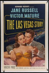 6z244 LAS VEGAS STORY linen 1sh '52 Victor Mature romances sexy Jane Russell & gives her jewelry!