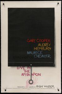 6z257 LOVE IN THE AFTERNOON linen 1sh '57 Gary Cooper, Audrey Hepburn, Chevalier, Saul Bass art!