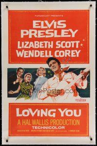 6z260 LOVING YOU linen 1sh '57 Elvis Presley, Lizabeth Scott, Wendell Corey & Dolores Hart!