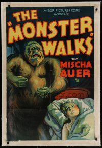 6z287 MONSTER WALKS linen 1sh R38 stone litho of menacing gorilla standing over girl in bed!