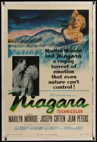 6z301 NIAGARA linen 1sh '53 classic artwork of gigantic sexy Marilyn Monroe on famous waterfall!