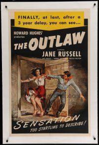 6z318 OUTLAW linen 1sh R50 great artwork of sexy Jane Russell & Jack Buetel, Howard Hughes!