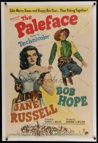 6z320 PALEFACE linen 1sh '48 art of Bob Hope & sexy Jane Russell with two pistols!