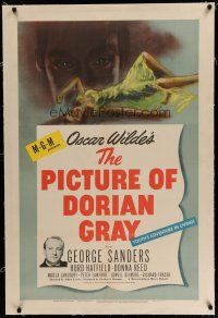 6z331 PICTURE OF DORIAN GRAY linen 1sh '45 George Sanders, Hurd Hatfield, Donna Reed, creepy art!