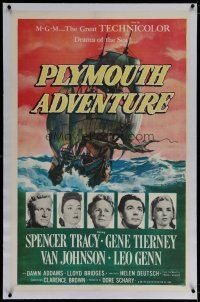 6z336 PLYMOUTH ADVENTURE linen 1sh '52 Spencer Tracy, Gene Tierney, cool art of ship at sea!