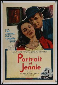 6z339 PORTRAIT OF JENNIE linen 1sh R54 Joseph Cotten loves beautiful ghost Jennifer Jones!