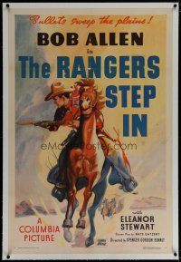 6z352 RANGERS STEP IN linen 1sh '37 art of cowboy Bob Allen on horse, bullets sweep the plains!