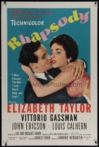 6z359 RHAPSODY linen 1sh '54 Elizabeth Taylor must possess Vittorio Gassman, heart, body & soul!