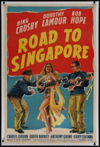 6z363 ROAD TO SINGAPORE linen 1sh '40 art of Bing Crosby, Bob Hope & sexy Dorothy Lamour w/ guitar!