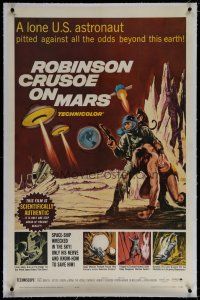 6z364 ROBINSON CRUSOE ON MARS linen 1sh '64 cool sci-fi art of Paul Mantee & his man Friday!