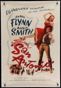 6z374 SAN ANTONIO linen 1sh '45 great full-length image of Alexis Smith on Errol Flynn's shoulder!