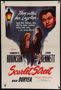 6z378 SCARLET STREET linen 1sh R49 Fritz Lang film noir, Edward G. Robinson, Joan Bennett, Duryea