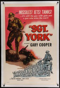 6z388 SERGEANT YORK linen 1sh R58 art of Gary Cooper, Howard Hawks, WWI missiles, jets, tanks!