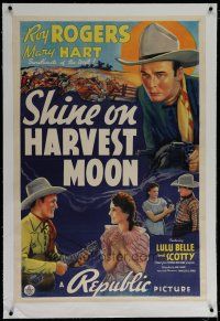 6z395 SHINE ON HARVEST MOON linen 1sh '38 great artwork of Roy Rogers with guns & guitar!