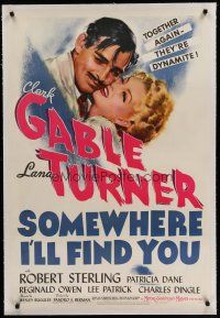 6z405 SOMEWHERE I'LL FIND YOU linen D 1sh '42 wonderful romantic art of Clark Gable & Lana Turner!