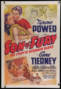 6z406 SON OF FURY linen int'l 1sh '42 stone litho of Tyrone Power, Gene Tierney & Frances Farmer!
