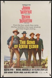 6z408 SONS OF KATIE ELDER linen 1sh '65 line up of John Wayne, Dean Martin & more + Martha Hyer!