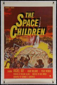 6z411 SPACE CHILDREN linen 1sh '58 Jack Arnold, great art of kids, rocket & giant alien brain!