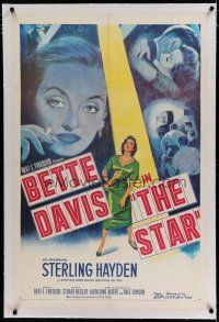 6z418 STAR linen 1sh '53 great art of Hollywood actress Bette Davis holding Oscar in the spotlight!