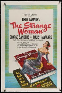 6z420 STRANGE WOMAN linen 1sh '46 art of sexy Hedy Lamarr sitting on the book by Ben Ames Williams!