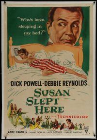 6z425 SUSAN SLEPT HERE linen 1sh '54 sexy Debbie Reynolds sprawled out on bed + Dick Powell!
