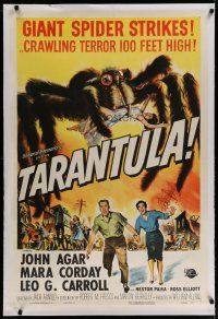 6z427 TARANTULA linen 1sh '55 Jack Arnold, art of town running from 100 foot spider monster!
