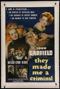 6z433 THEY MADE ME A CRIMINAL linen 1sh '39 Garfield is a fugitive hunted by ruthless men, Sheridan
