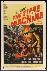 6z442 TIME MACHINE linen 1sh '60 H.G. Wells, George Pal, great Reynold Brown sci-fi artwork!