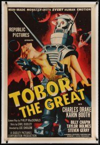6z445 TOBOR THE GREAT linen 1sh '54 man-made funky robot with every human emotion holding sexy girl!