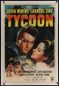 6z455 TYCOON linen 1sh '47 great close up romantic artwork of John Wayne & Laraine Day!