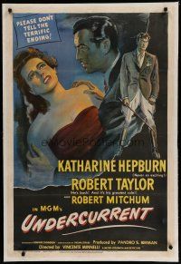 6z458 UNDERCURRENT linen 1sh '46 Katharine Hepburn wonders where Robert Taylor's brother is!