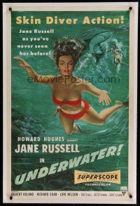 6z459 UNDERWATER linen 1sh '55 Howard Hughes, sexiest artwork of skin diver Jane Russell!