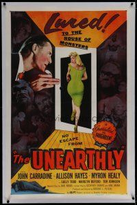 6z460 UNEARTHLY linen 1sh '57 John Carradine & sexy Sally Todd lured to the house of monsters!