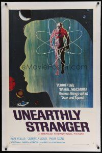 6z461 UNEARTHLY STRANGER linen 1sh '64 cool art of weird macabre unseen thing out of time & space!