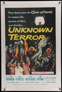 6z463 UNKNOWN TERROR linen 1sh '57 they dared enter the Cave of Death to explore secrets of HELL!