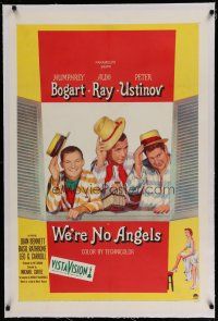 6z473 WE'RE NO ANGELS linen 1sh '55 art of Humphrey Bogart, Aldo Ray & Peter Ustinov tipping hats!