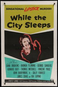 6z479 WHILE THE CITY SLEEPS linen 1sh '56 great image of Lipstick Killer's victim, Fritz Lang!