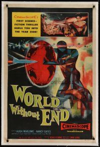 6z493 WORLD WITHOUT END linen 1sh '56 CinemaScope's first sci-fi thriller, incredible art!