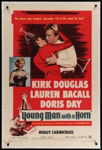 6z498 YOUNG MAN WITH A HORN linen 1sh '50 jazz man Kirk Douglas, sexy Lauren Bacall & Doris Day!