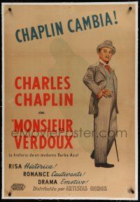 7a166 MONSIEUR VERDOUX linen Argentinean '47 cool art of Charlie Chaplin as gentleman Bluebeard!