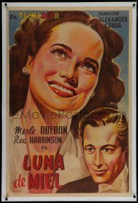 7a169 OVER THE MOON linen Argentinean '43 different Moraga artwork of Rex Harrison & Merle Oberon!