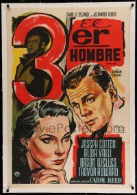 7a179 THIRD MAN linen Argentinean R54 art of Orson Welles, Joseph Cotten & Valli, classic noir!