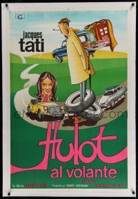 7a181 TRAFFIC linen Argentinean '71 great wacky art of Jacques Tati as Mr. Hulot by Aler!
