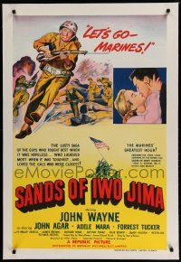 7a342 SANDS OF IWO JIMA linen Aust 1sh '50 great artwork of World War II Marine John Wayne!