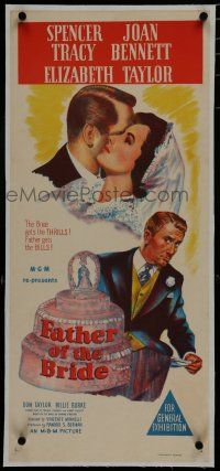 7a357 FATHER OF THE BRIDE linen Aust daybill R50s art of Elizabeth Taylor & broke Spencer Tracy!
