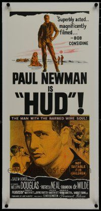 7a361 HUD linen Aust daybill '63 Paul Newman is the man with the barbed wire soul, Ritt classic!