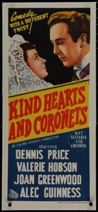 7a364 KIND HEARTS & CORONETS linen Aust daybill '49 Alec Guinness, comedy with a different twist!